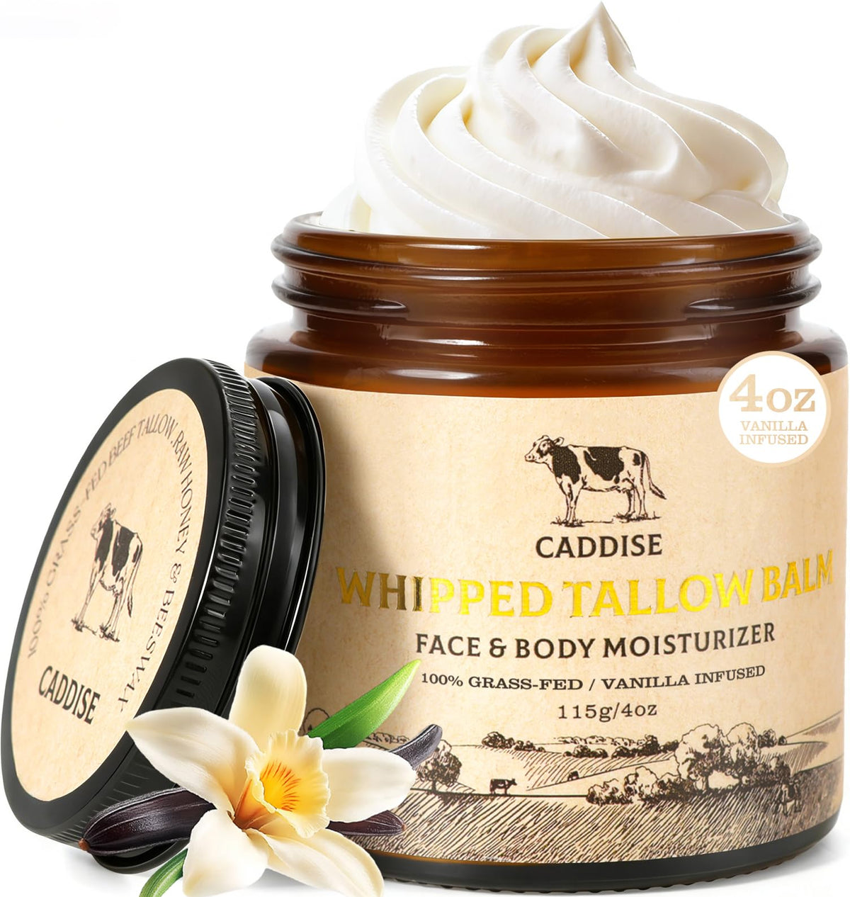 CADDISE whipped beef tallow vanilla jar, creamy moisturizer for dry skin nourishment.
