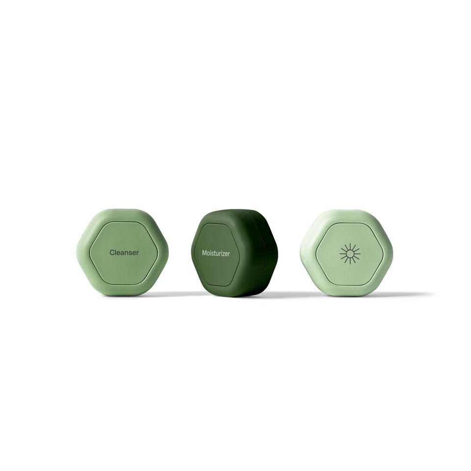 Cadence basic skincare capsules in a compact set for easy on-the-go travel.