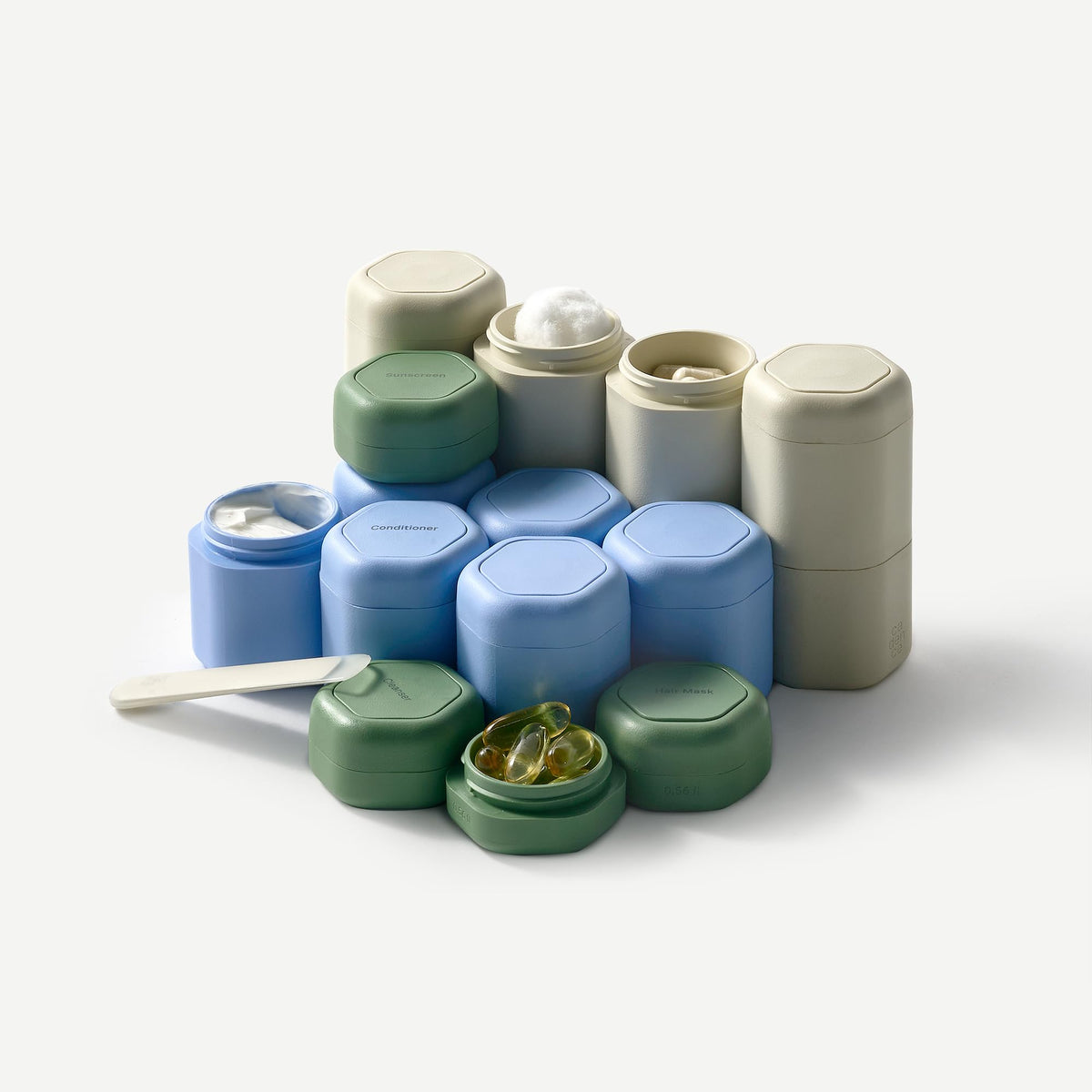 Set of three capsules labeled cleanser, moisturizer, and sun icon for routines.