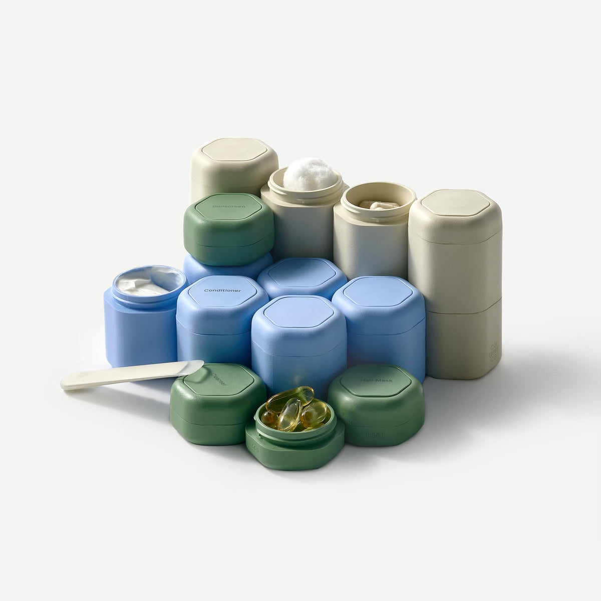 Interchangeable tiles swap labels between cleanser, moisturizer, and sun icon.