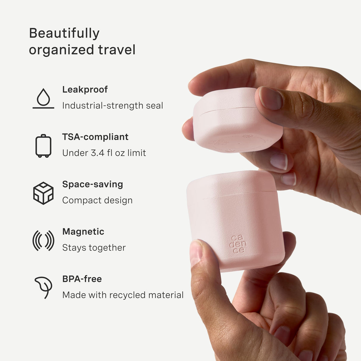 Cadence magnetic lids enable secure stacking for on-the-go packing.