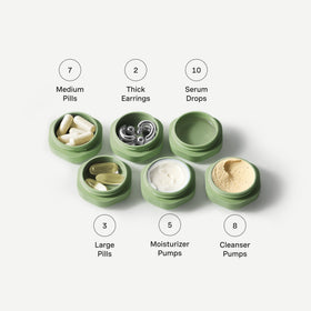 TSA-approved leakproof seal on Cadence skincare travel bottles.