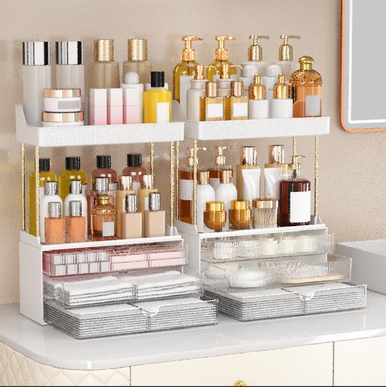 caktraie 2-pack bathroom counter organizer with three drawers keeps skincare organized and accessible.