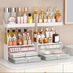 caktraie 2-pack bathroom counter organizer with three drawers keeps skincare organized and accessible.