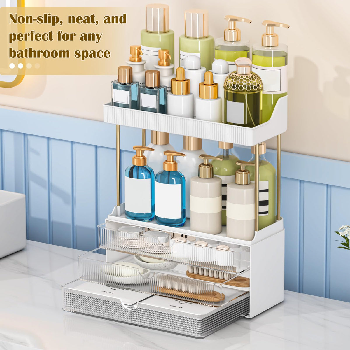 caktraie 2-pack drawer storage neatly conceals sunscreens and lipsticks.