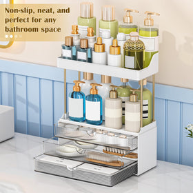 caktraie amber transparent body with gold-tone frame adds elegant, durable vanity storage.