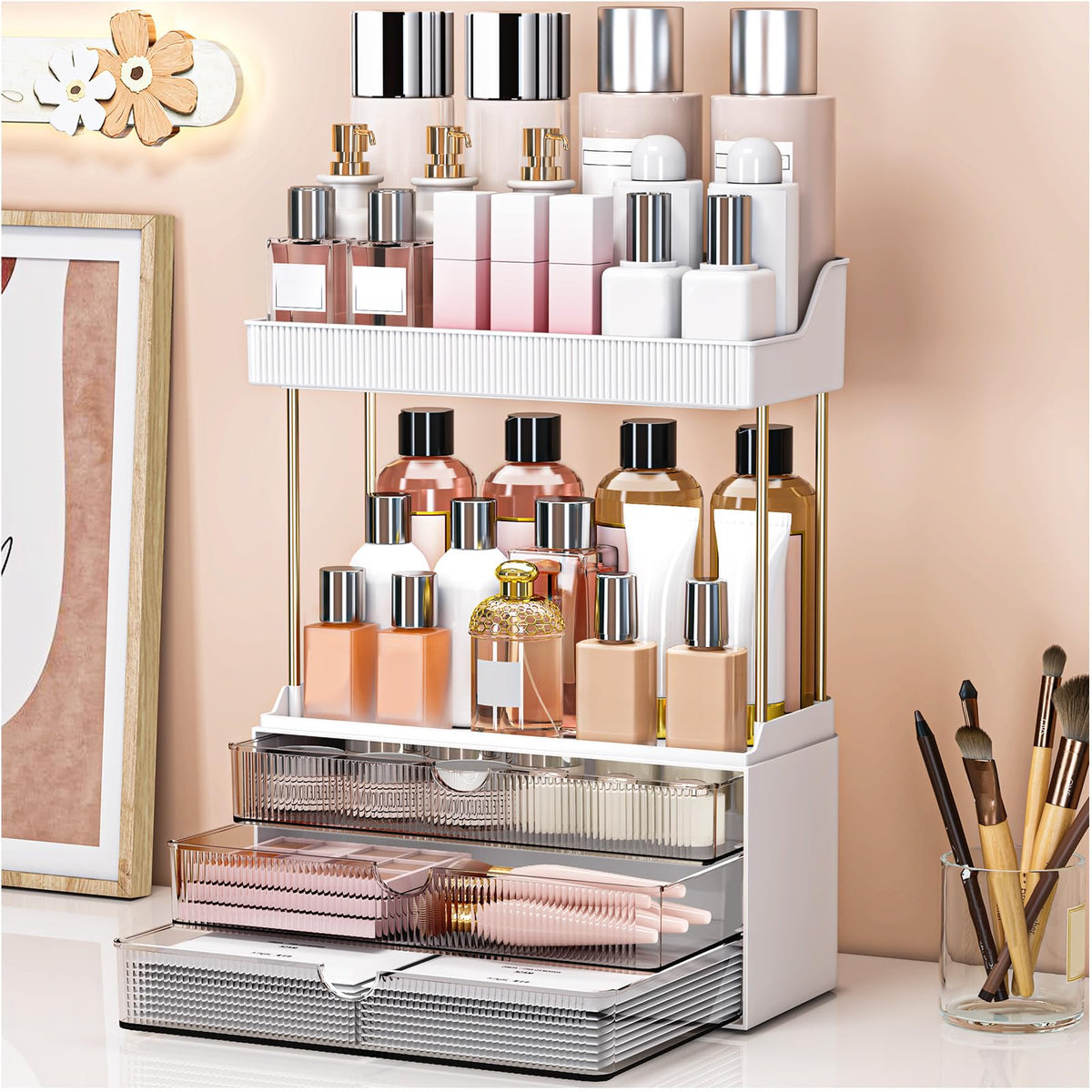 caktraie bathroom organizer with three drawers and two open shelves on vanity for easy access.