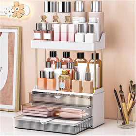 caktraie bathroom organizer with three drawers and two open shelves on vanity for easy access.