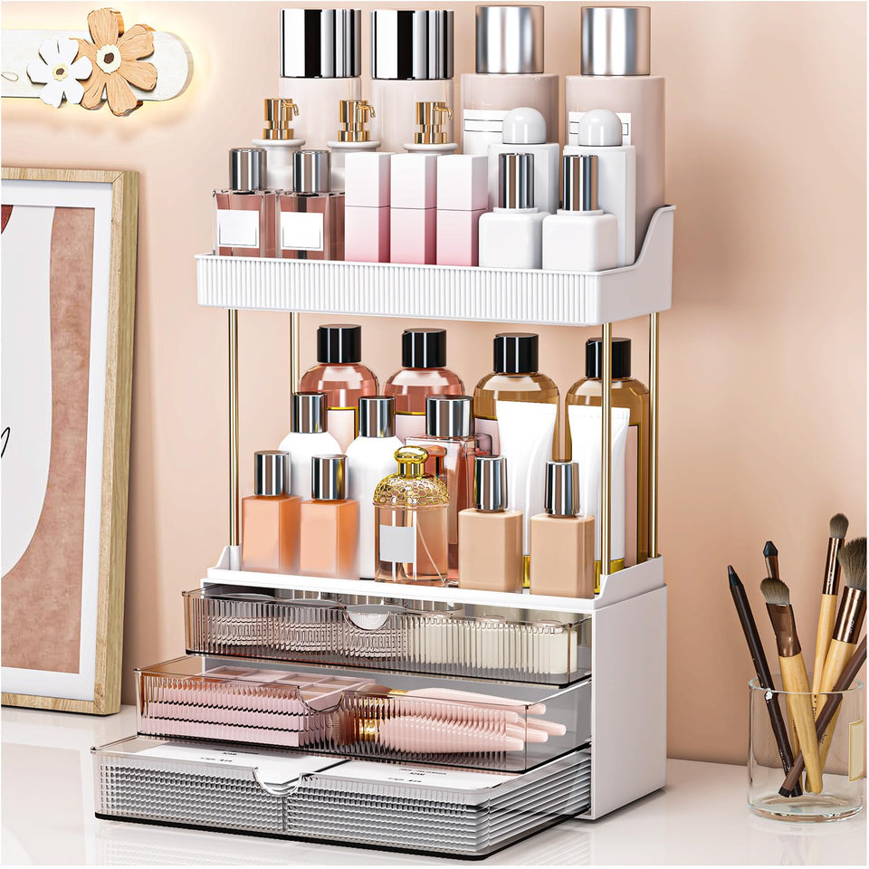 caktraie bathroom organizer with three drawers and two open shelves on vanity for easy access.