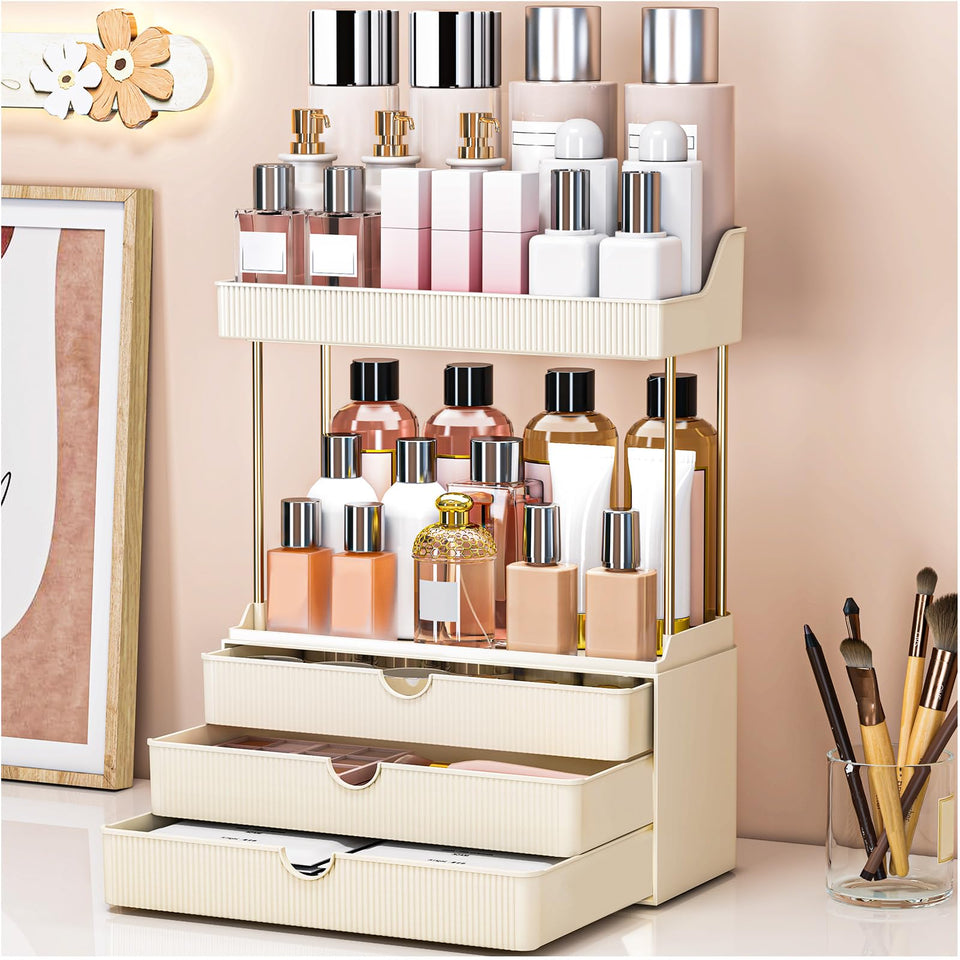 caktraie bathroom organizer with three drawers and two shelves for easy vanity storage