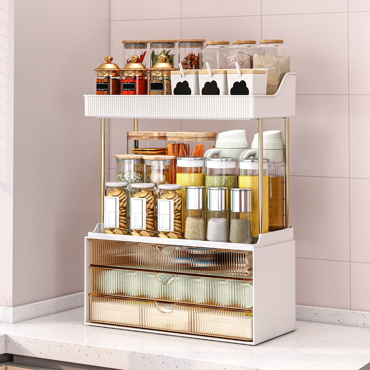 caktraie kitchen and bath storage keeps spices and toiletries organized