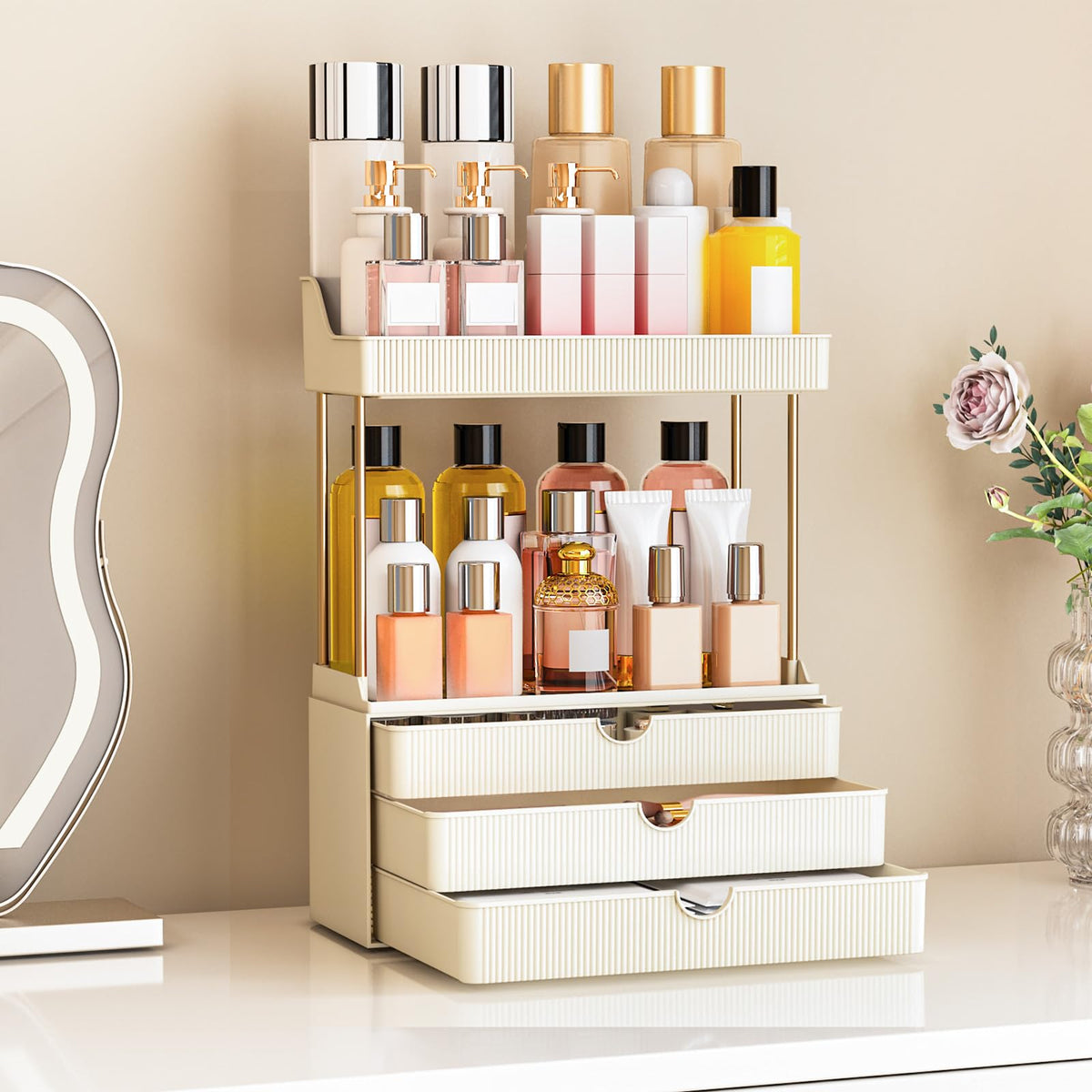 caktraie makeup organizer showing drawers open and closed for cosmetics