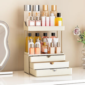 caktraie makeup organizer showing drawers open and closed for cosmetics