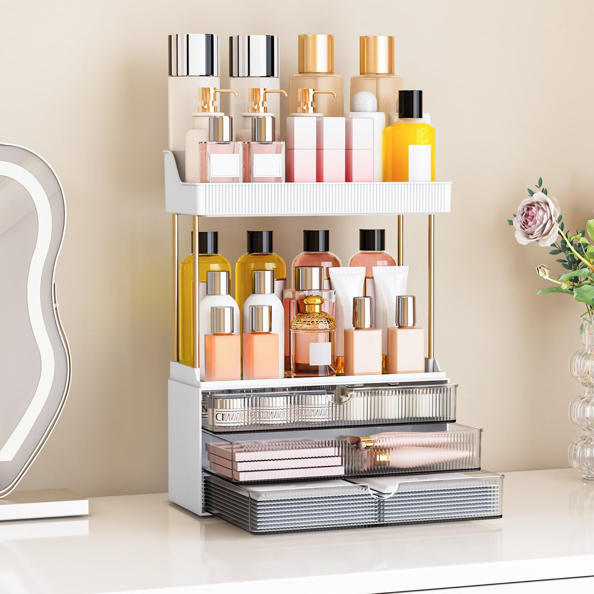 caktraie two open shelves keep perfumes and lotions within reach.