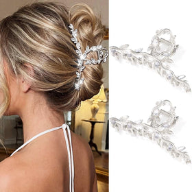 CAKURE silver leaf crystal hair clip in large size for elegant updos