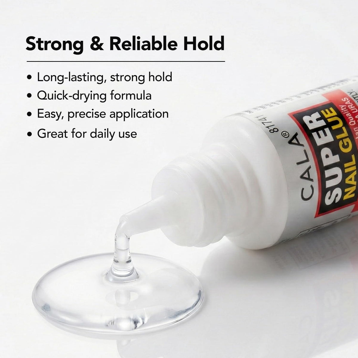 CALA Super Nail Glue drops application demonstrates fast bond for nail tips.