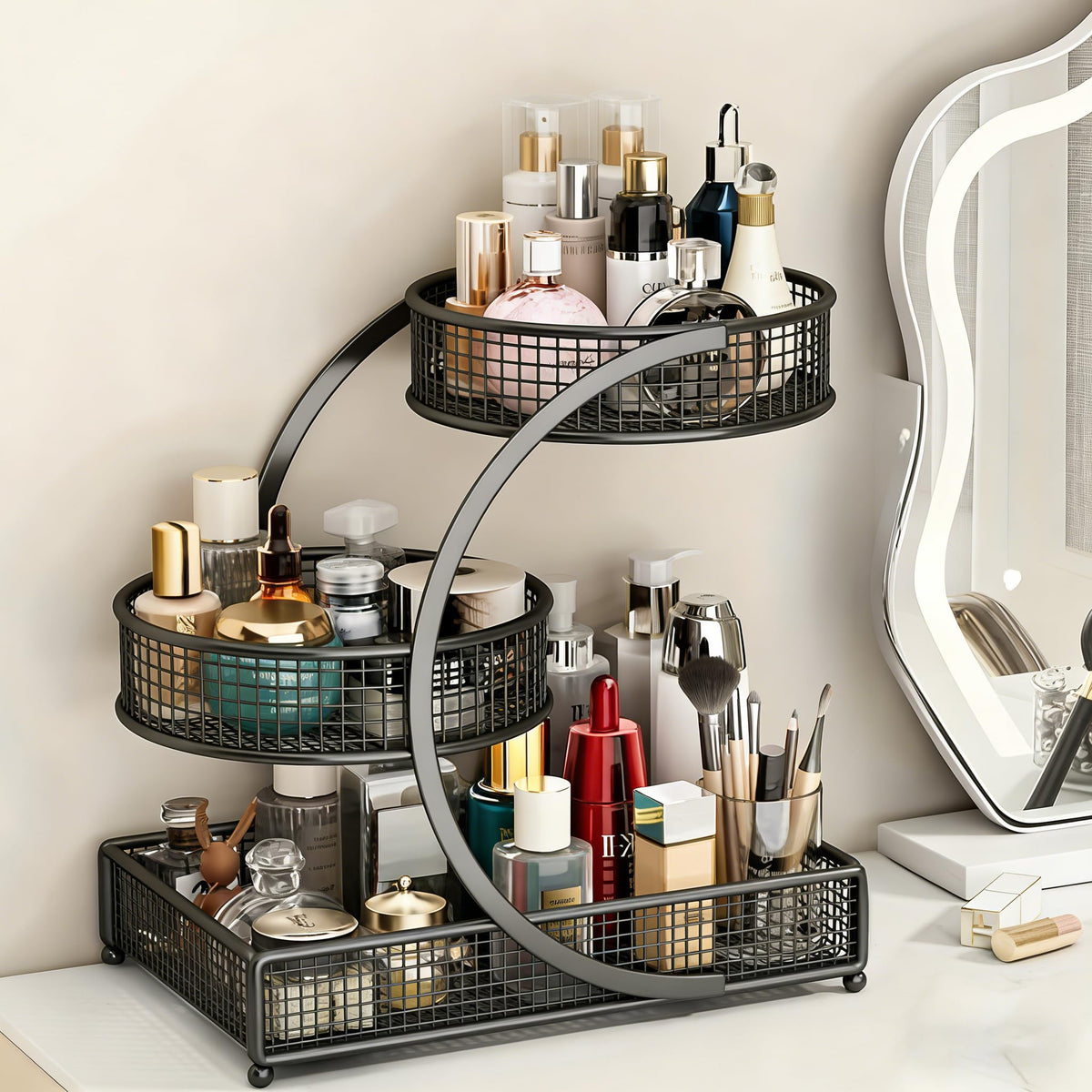 Calaytaly 3-tier makeup organizer on vanity front view showing organized cosmetics and skincare