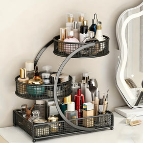 Calaytaly 3-tier makeup organizer on vanity front view showing organized cosmetics and skincare