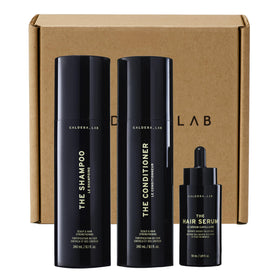 Caldera + Lab shampoo bottle pour demonstrates sulfate-free cleansing for a refreshed scalp.