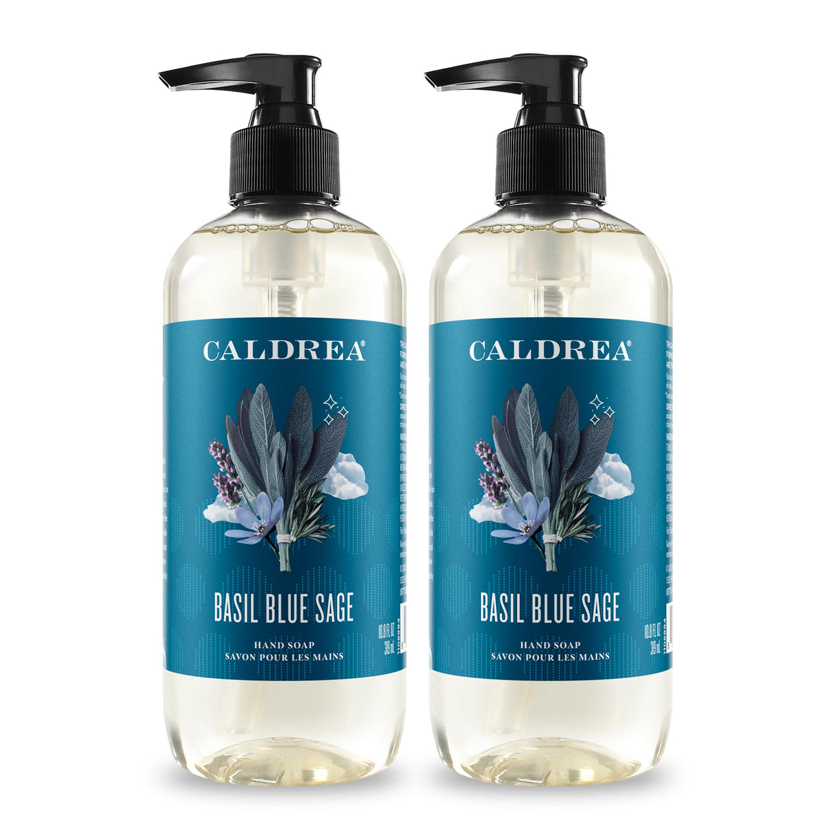 Caldrea Basil Blue Sage hand wash bottle nourishes hands with Aloe Vera and olive oil.