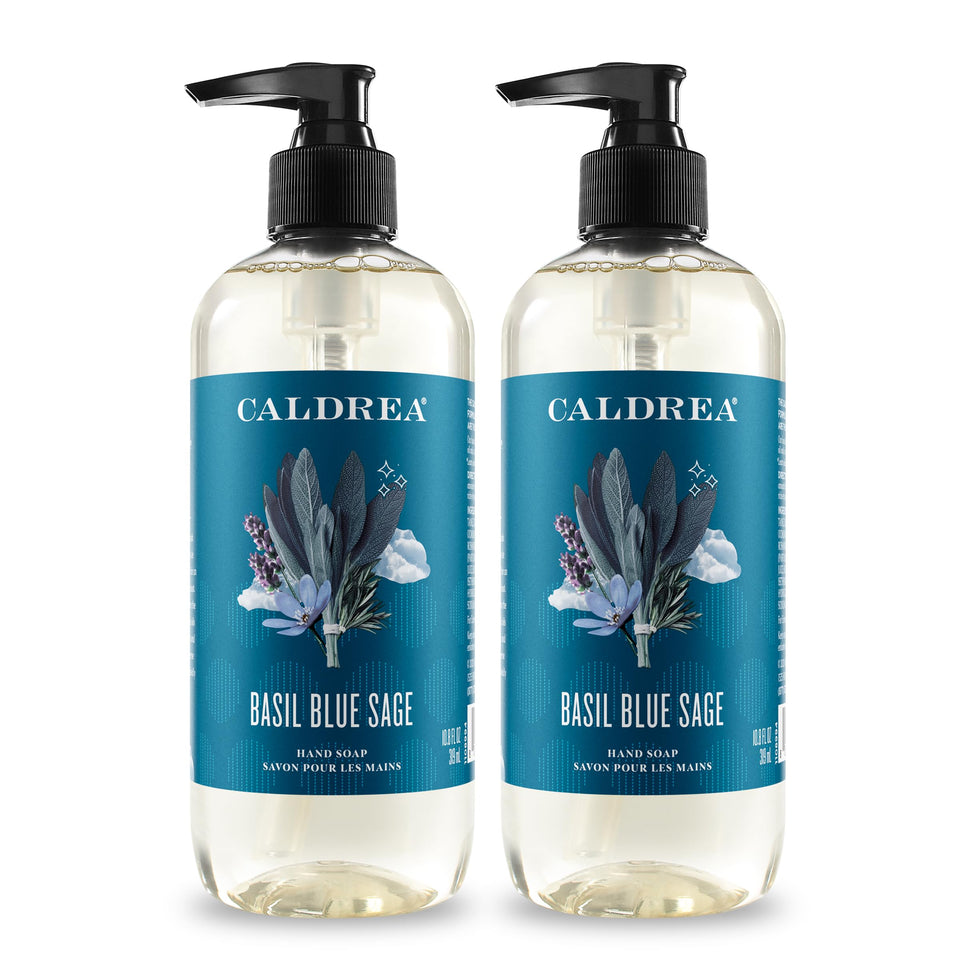 Caldrea Basil Blue Sage hand wash bottle nourishes hands with Aloe Vera and olive oil.