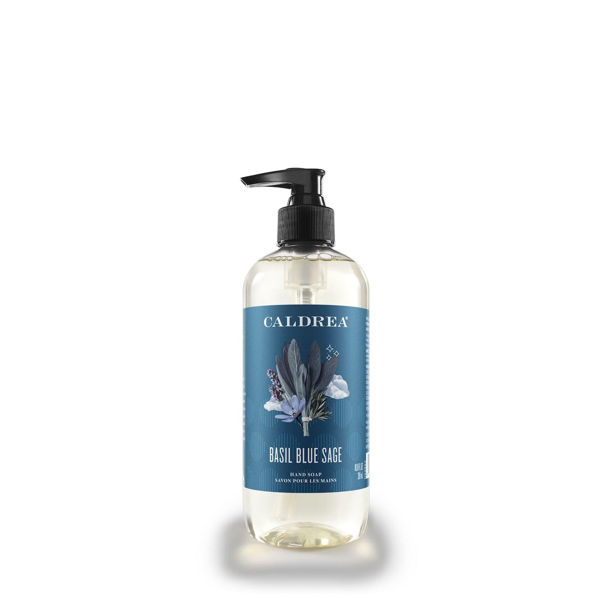 Caldrea Basil Blue Sage hand wash bottle showing fragrance and gentle cleansing for hands