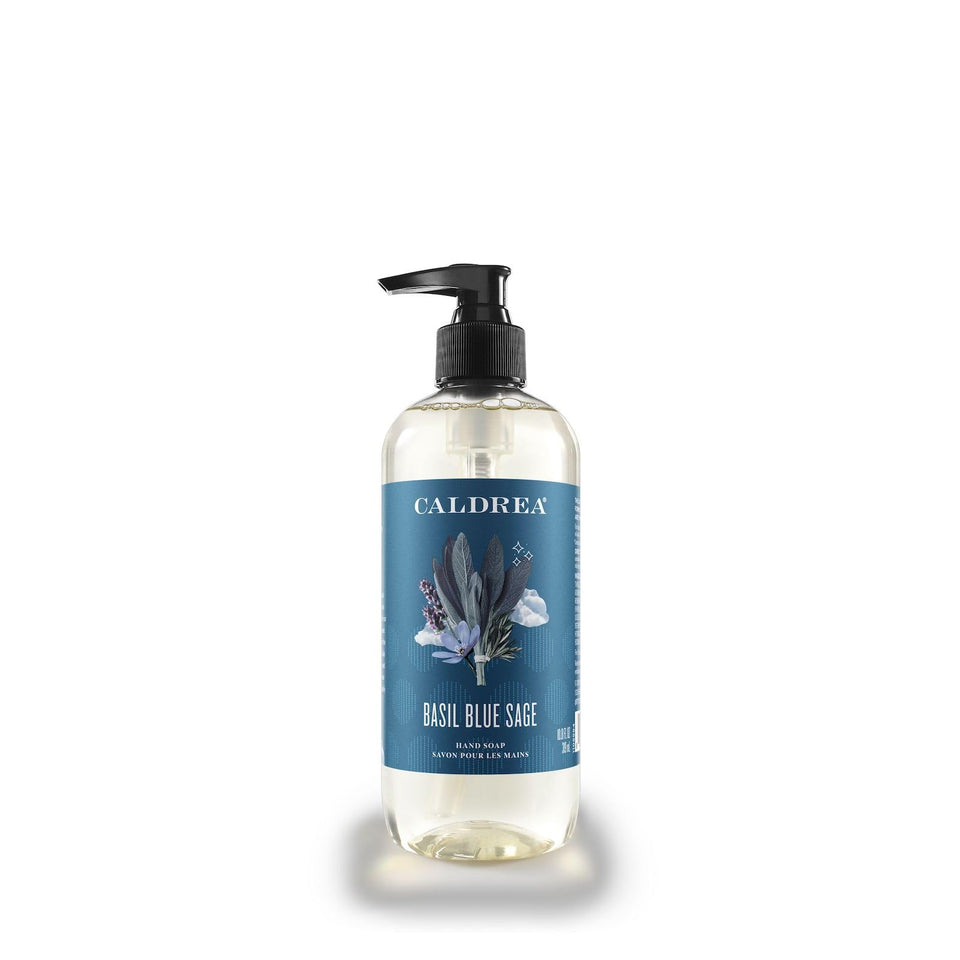 Caldrea Basil Blue Sage hand wash bottle showing fragrance and gentle cleansing for hands