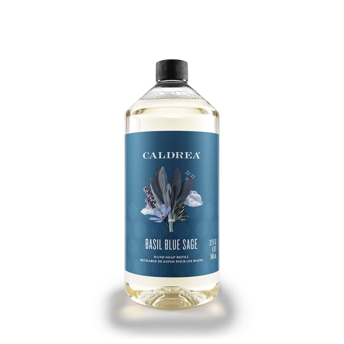Caldrea Basil Blue Sage label close-up showing premium branding and clean design