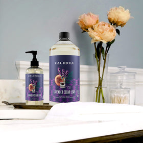 Caldrea Lavender Cedar Leaf hand wash in action promotes clean, fragrant hands.