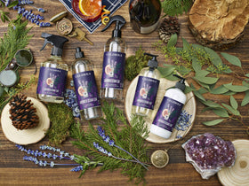 Caldrea Lavender Cedar Leaf bottle shows plant-based glycerin for moisturized skin.