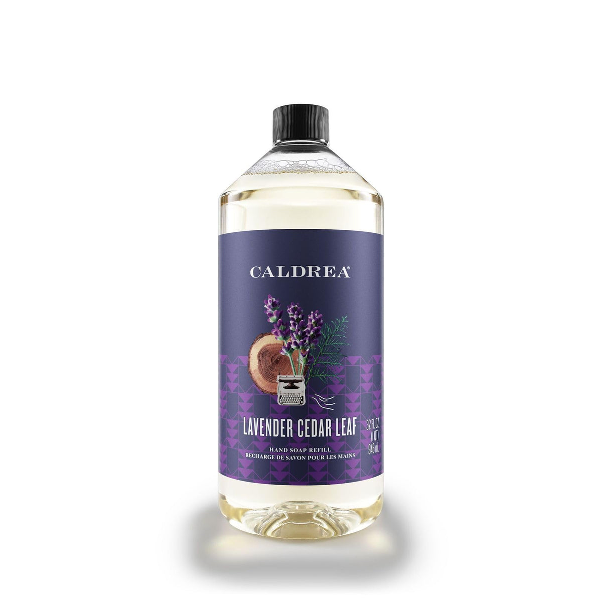 Caldrea Lavender Cedar Leaf refill bottle with aloe vera and olive oil for soft hands.