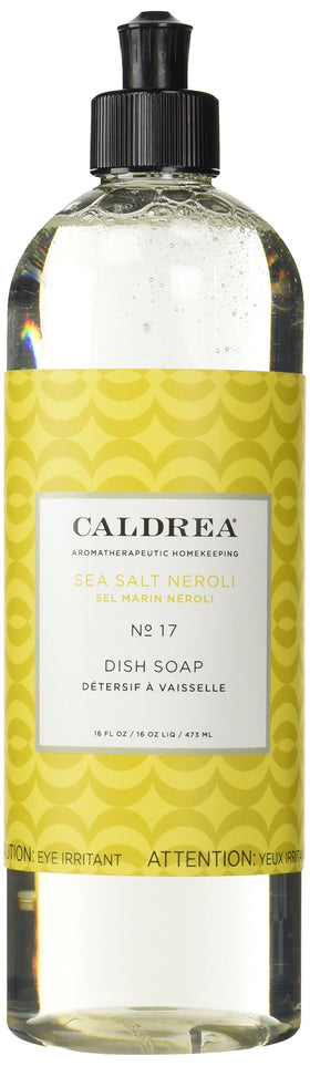 Caldrea Sea Salt Neroli dish soap bottle showing grease-fighting power for pans