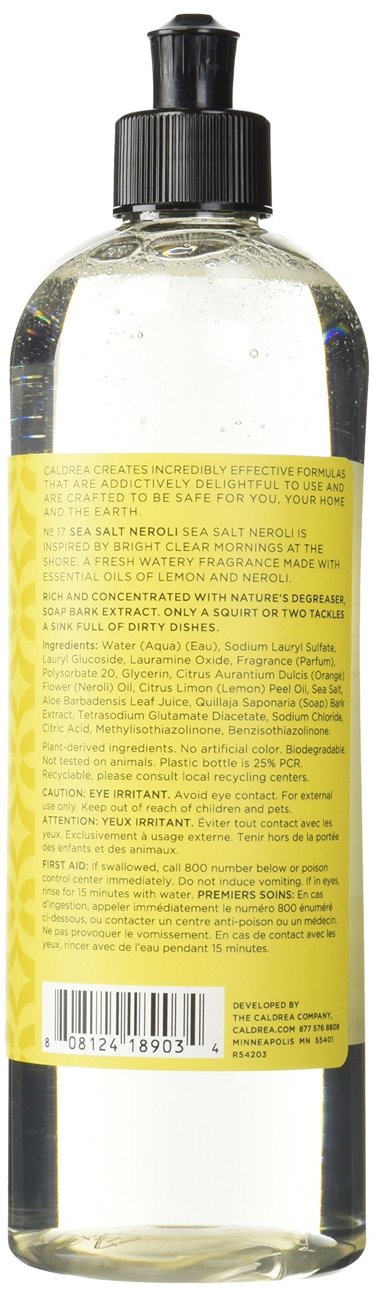 Caldrea Sea Salt Neroli dish soap pour emphasizes clean rinsing and hand softness