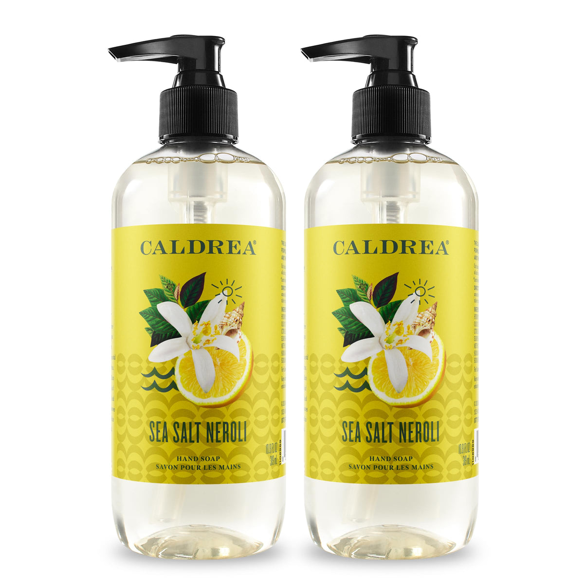 Caldrea Sea Salt Neroli hand wash bottle cleanses skin with aloe vera and provides gentle conditioning.