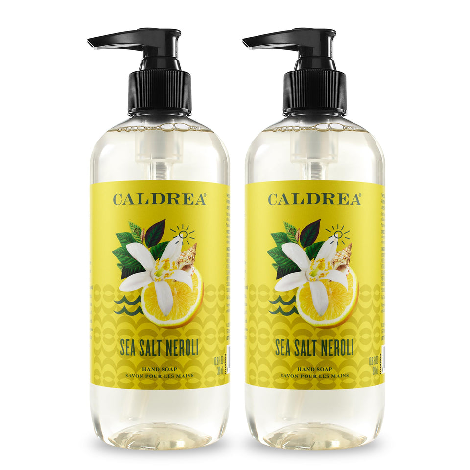 Caldrea Sea Salt Neroli hand wash bottle cleanses skin with aloe vera and provides gentle conditioning.