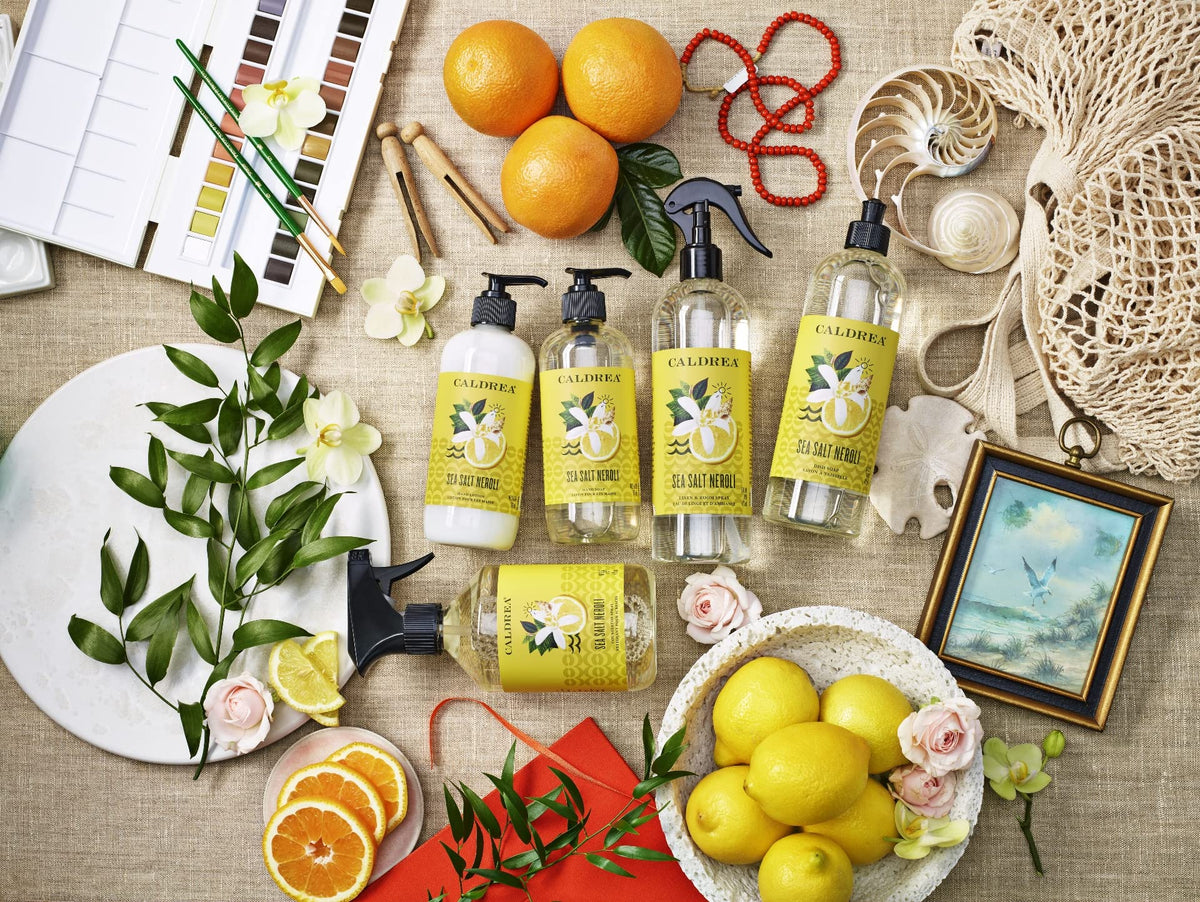 Caldrea Sea Salt Neroli hand wash in kitchen or bathroom setting.
