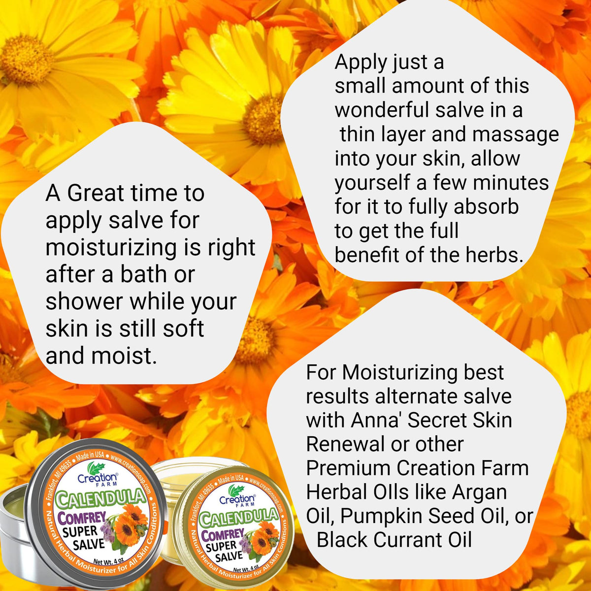 Calendula Comfrey Salve label closeup emphasizes pure, plant-based ingredients