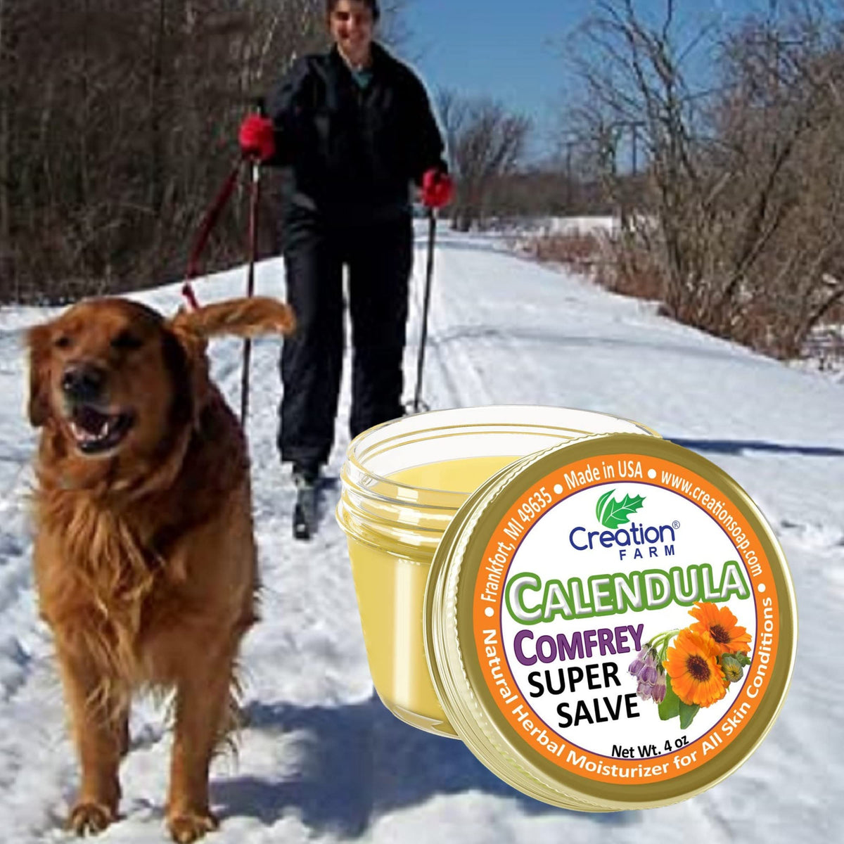 Calendula Comfrey Salve texture application displays creamy, easy-to-use formula