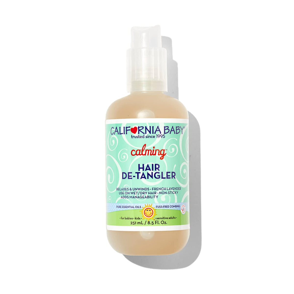 California Baby Calming Hair Detangler Spray bottle pour helps detangle knots with plant-powered care.