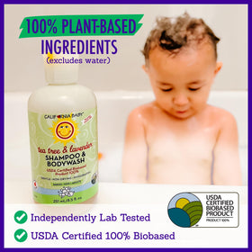 California Baby Tea Tree & Lavender ingredients close-up emphasizing USDA plant-based certification