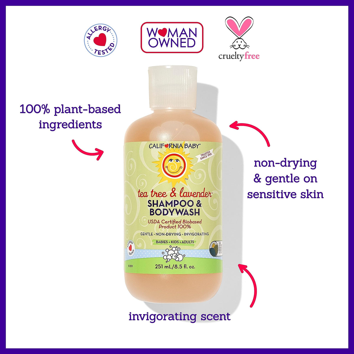 California Baby Tea Tree & Lavender label close-up highlighting clean, plant-based formula