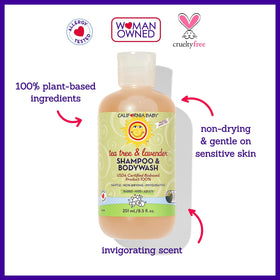 California Baby Tea Tree & Lavender label close-up highlighting clean, plant-based formula