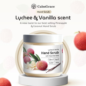 CalmGrace hand scrub featuring Lychee and Vanilla scent for a spa-like ritual.