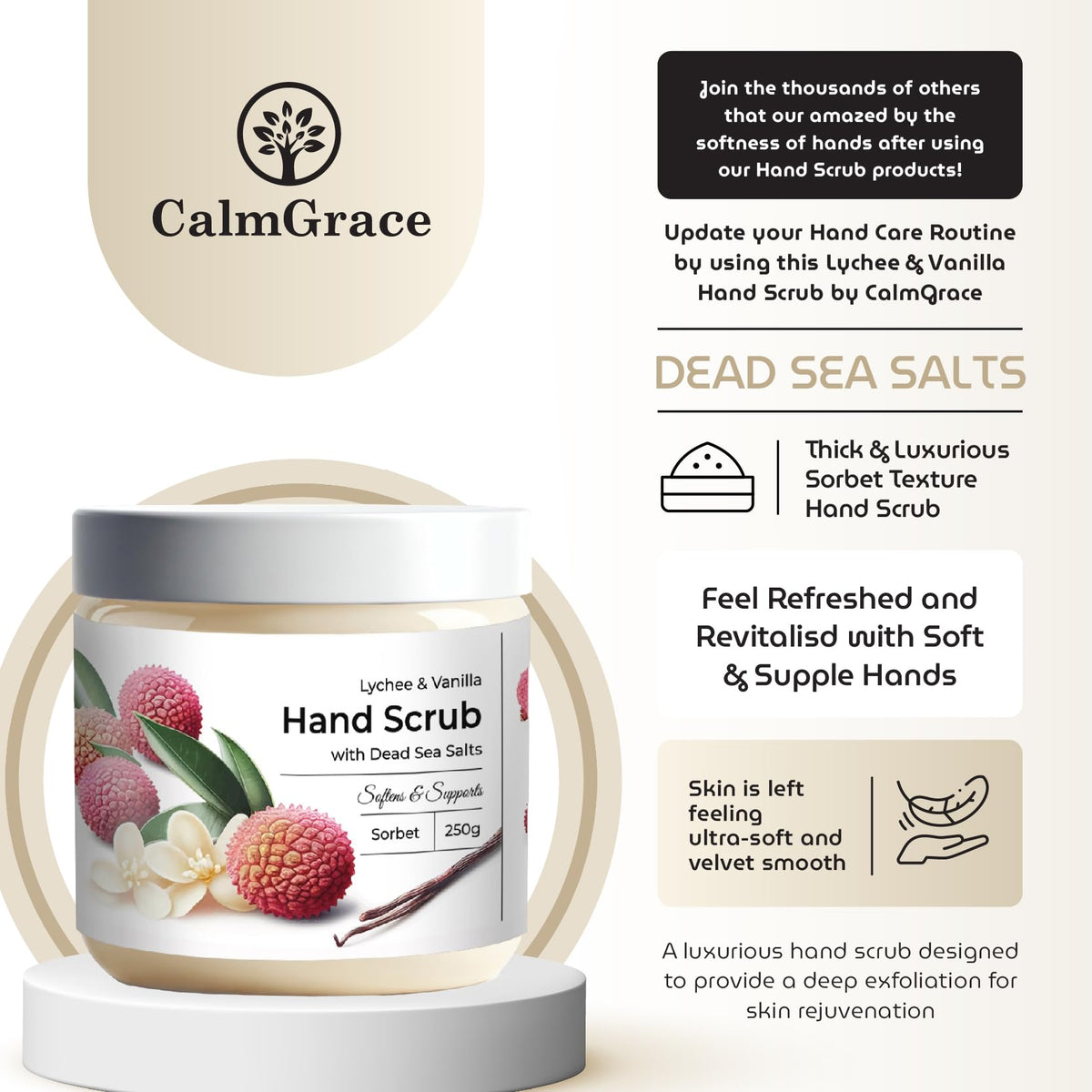 CalmGrace sorbet-texture formula delivers cushiony exfoliation for soft, radiant skin.