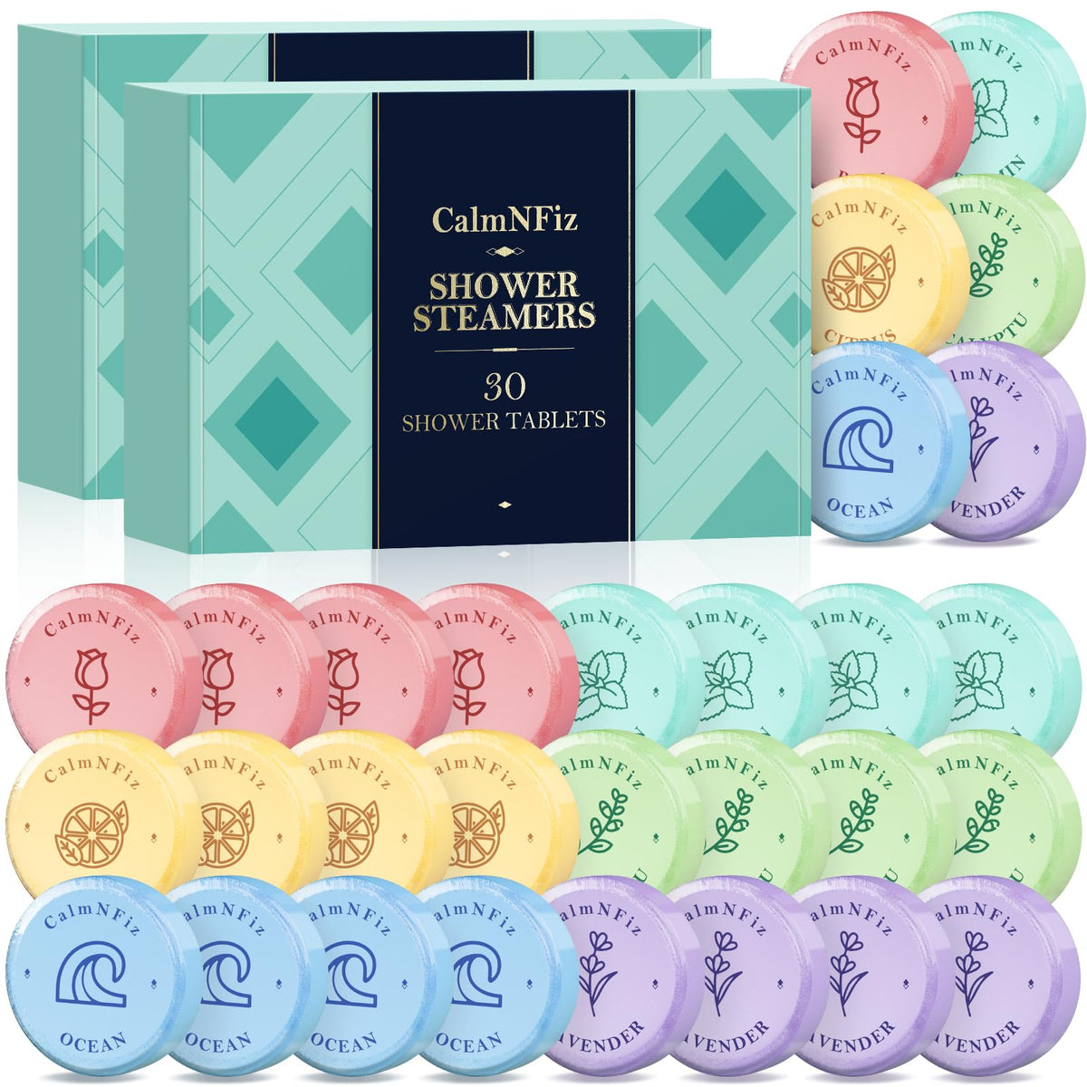 CalmNFiz 60-pack shower steamers in a gift-ready box with six scents.