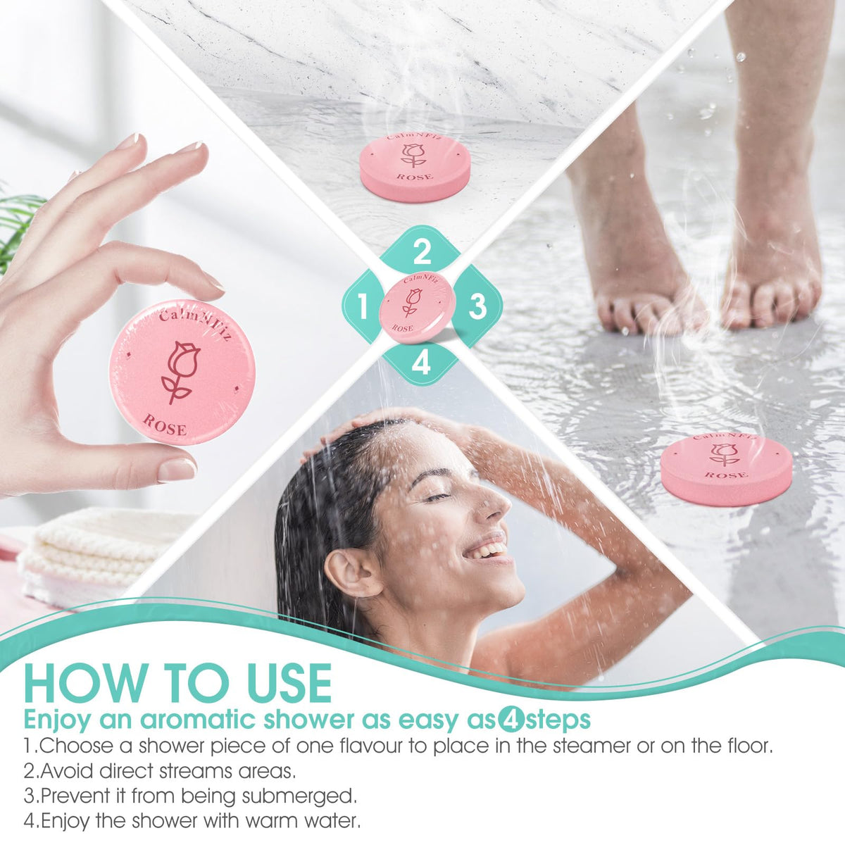 CalmNFiz natural fragrance formula highlights gentle ingredients for refreshing showers.