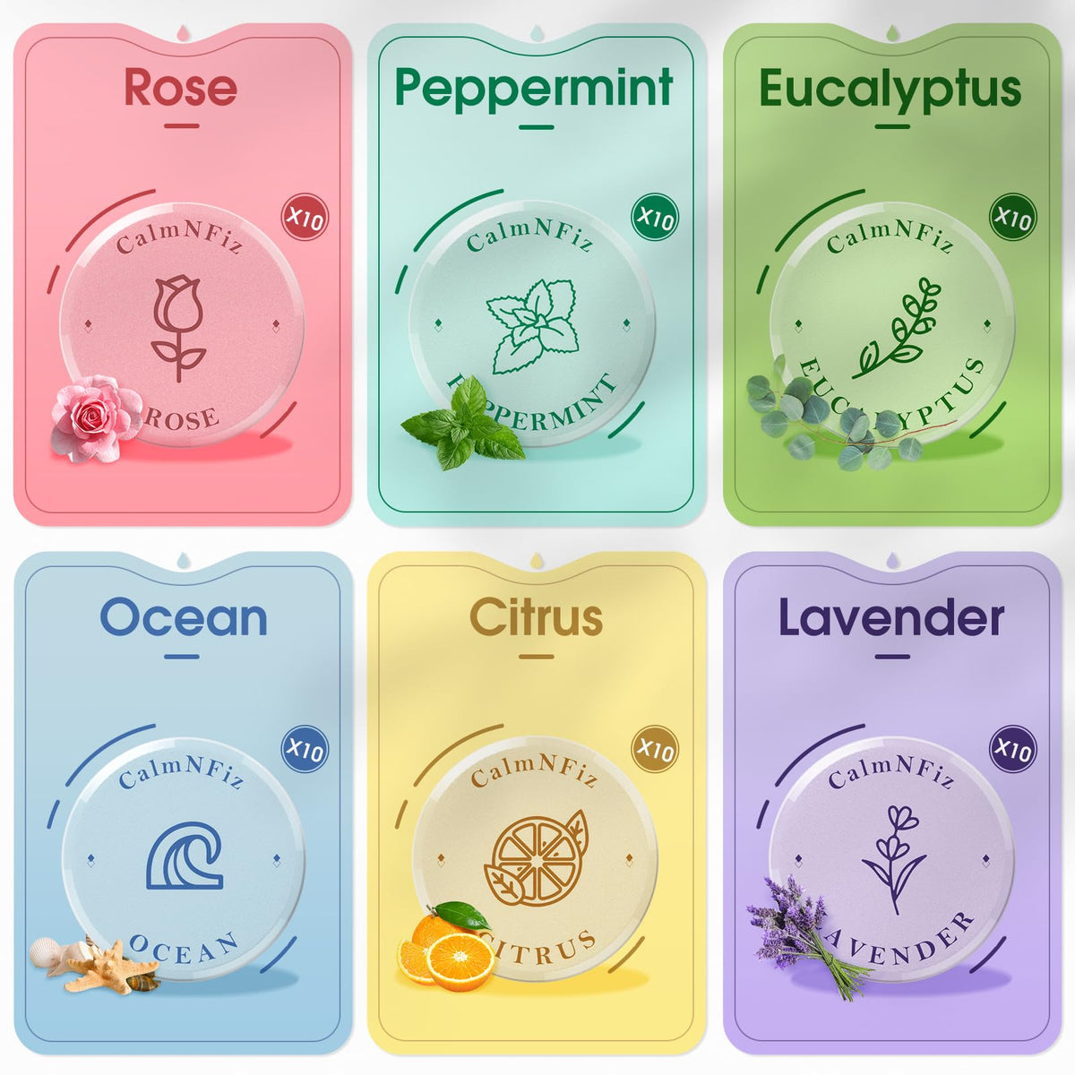 CalmNFiz six scent collection on display for mood-enhancing aromas.