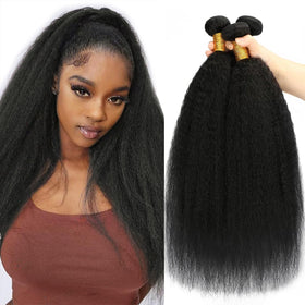 CALNESHIA kinky straight bundles 14-inch close-up showing double weft for smooth styling.