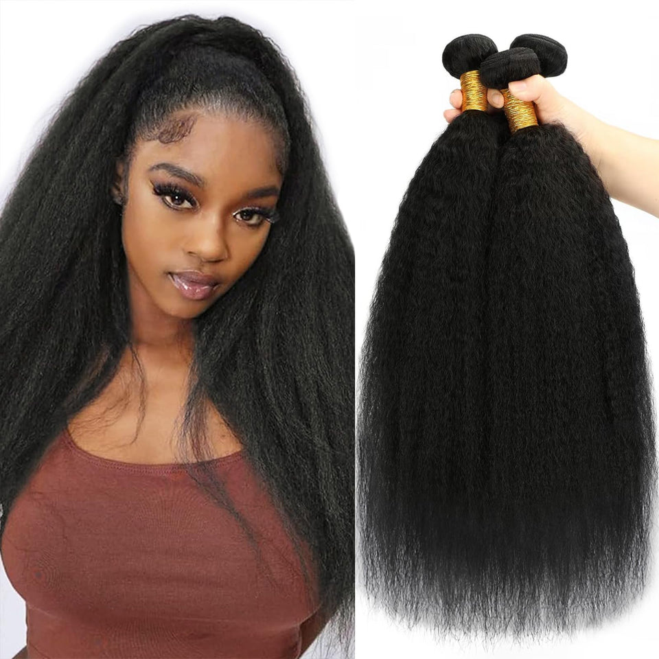 CALNESHIA kinky straight bundles 14-inch close-up showing double weft for smooth styling.