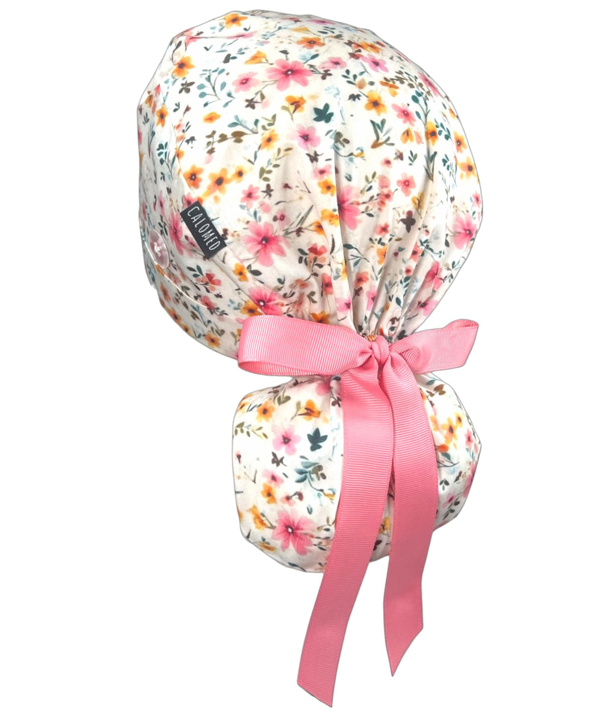 CALOMED ponytail scrub cap with watercolor flowers on ivory, breathable head cover for long hair